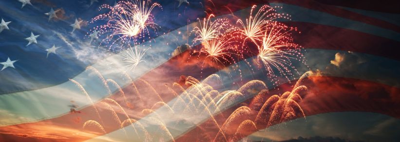 American flag with Fireworks in background